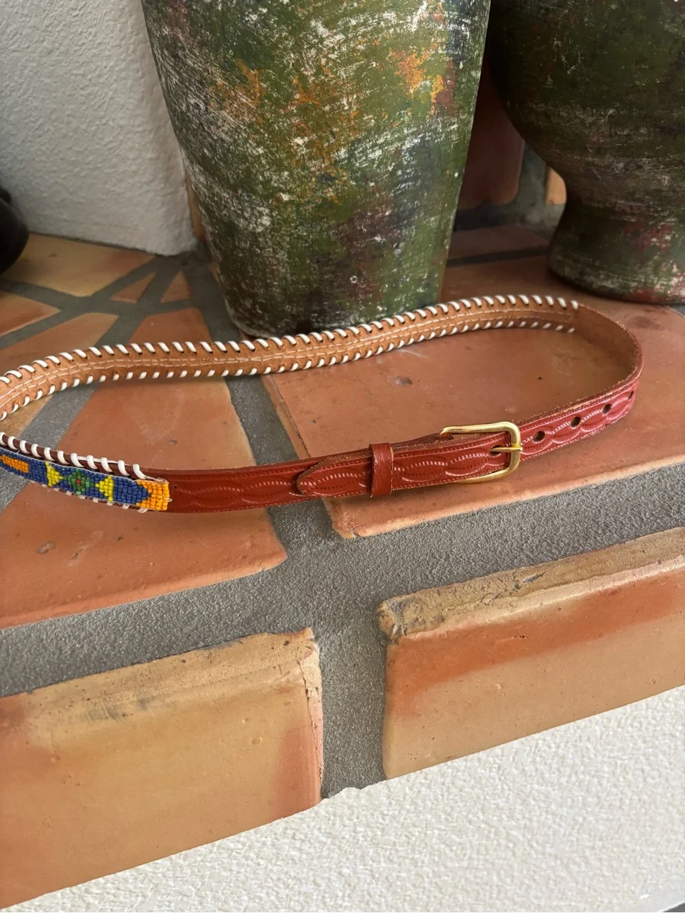 Vintage hand stitched, hand beaded, genuine cowhide skinny belt: southwestern